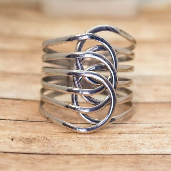 7 inch, Vintage Abstract Oval Wave Links Unique Silver Tone Hinge Bangle - XX9 - Picture 1 of 3